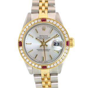 ROLEX DATEJUST SILVER INDEX DIAL DIAMOND-RUBY JUBILEE TWO-TONE 26MM WATCH 69173